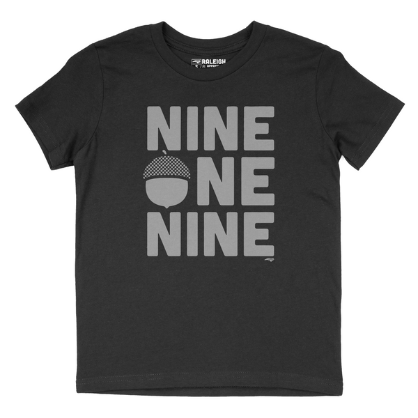 Youth t-shirt in Heather black color that says nine one nine across the chest in large grey print. An acorn has replaced the O in one.