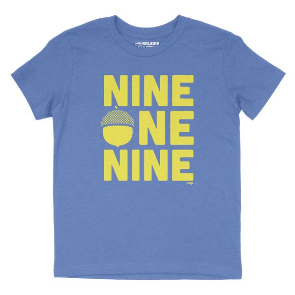 Youth t-shirt in Heather columbia blue colored shirt that says nine one nine across the chest in large yellow print. An acorn has replaced the O in one.