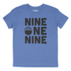 Youth t-shirt in Heather columbia blue color that says nine one nine across the chest in large black print. An acorn has replaced the O in one.