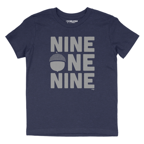 Youth t-shirt in Heather navy color that says nine one nine across the chest in large gray print. An acorn has replaced the O in one.