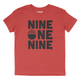 Youth t-shirt in Heather red color that says nine one nine across the chest in large black print. An acorn has replaced the O in one.