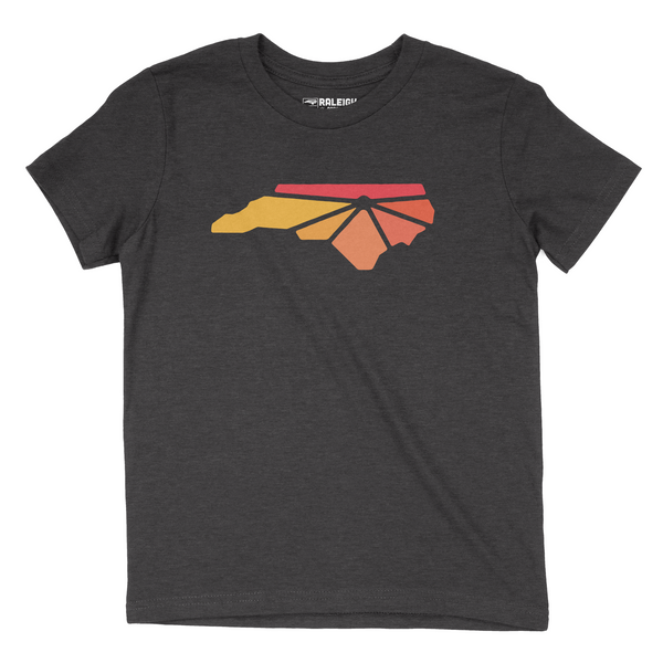 Dark Heather gray youth t-shirt with Raleigh Apparel logo on chest in warm colors. 