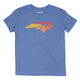 Heather columbia blue youth t-shirt with Raleigh Apparel logo on chest in warm colors. 
