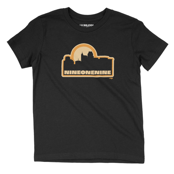 Black youth t-shirt with outline of Raleigh skyline in yellow, with nine one nine written in yellow under skyline.
