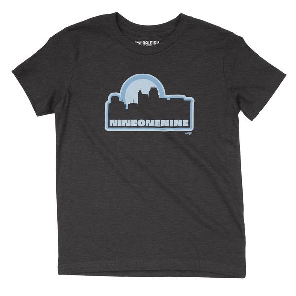 Dark Heather gray youth t-shirt with outline of Raleigh skyline in blue, with nine one nine written in blue under skyline.