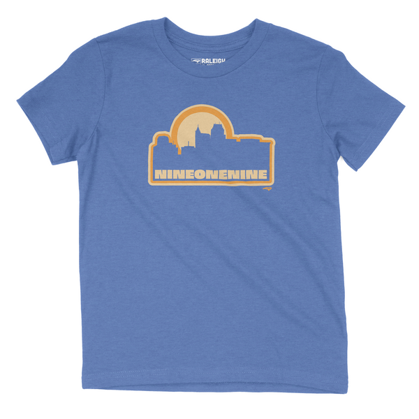 Heather columbia blue youth t-shirt with outline of Raleigh skyline in yellow, with nine one nine written in yellow under skyline.