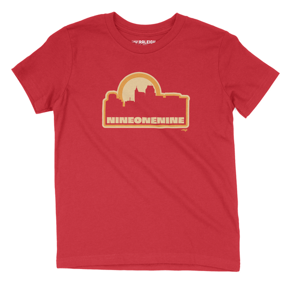 Red youth t-shirt with outline of Raleigh skyline in yellow, with nine one nine written in yellow under skyline.