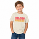 Model wearing the Raleigh Repeats Youth T-Shirt in Soft Cream against a white background.