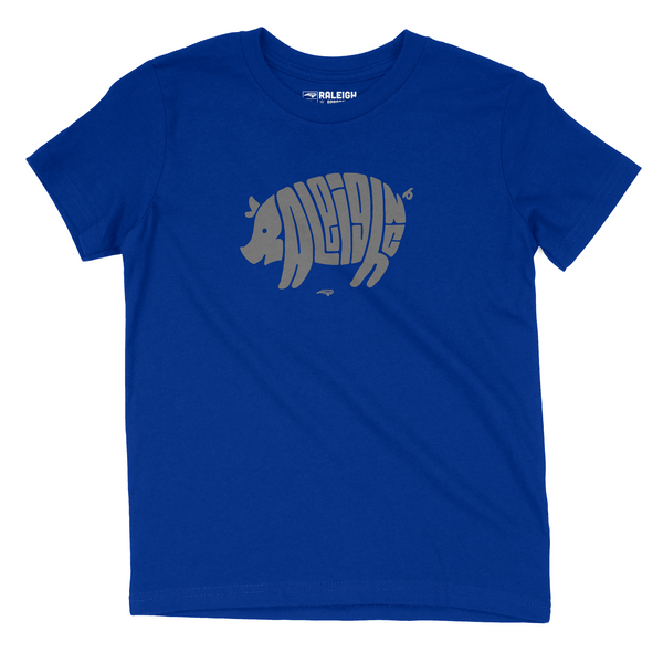 True royal blue youth t-shirt with the word Raleigh spelled out in salmon colored in shape of a pig