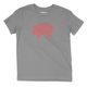 Heather gray  youth t-shirt with the word Raleigh spelled out in salmon colored in shape of a pig