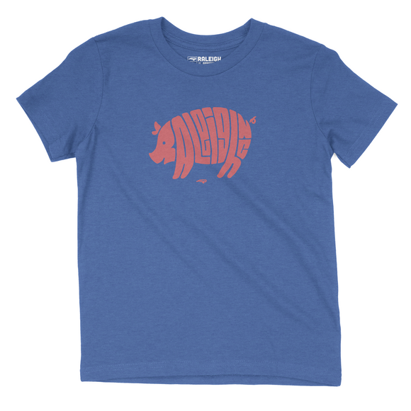 Columbia blue youth t-shirt with the word Raleigh spelled out in salmon colored in shape of a pig