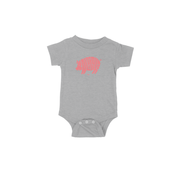 Gray onesie with the word Raleigh spelled out in salmon colored in shape of a pig