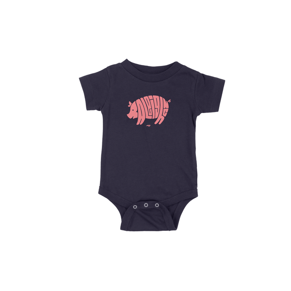 Navy onesie with the word Raleigh spelled out in salmon colored in shape of a pig