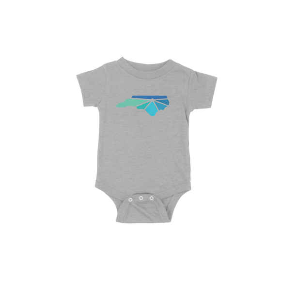 Heather gray onesie with Raleigh Apparel logo in cool colors