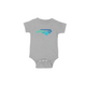 Heather gray onesie with Raleigh Apparel logo in cool colors