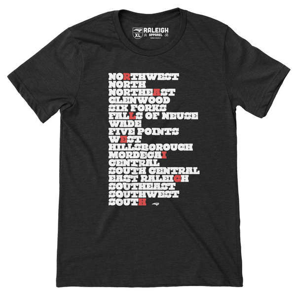 Black t-shirt listing different neighborhoods in Raleigh in white print.